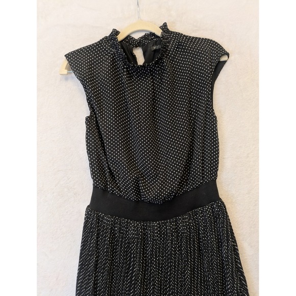 MOTF Polka Dot Mock Neck Pleated Midi Dress Black White Size S - Picture 1 of 8